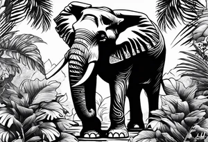 “A majestic elephant with its trunk raised, surrounded by tropical foliage, symbolizing memory and strength tattoo idea