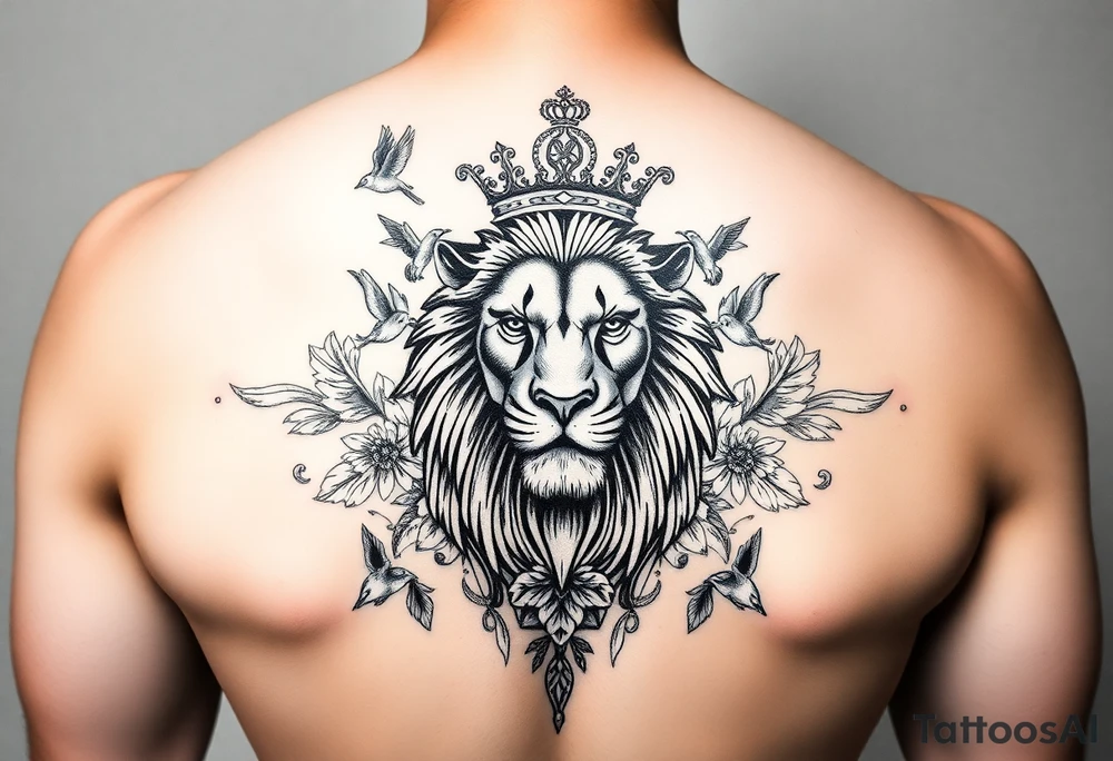 powerful majestic lion with a crown, surrounded by floral ornaments and birds tattoo idea