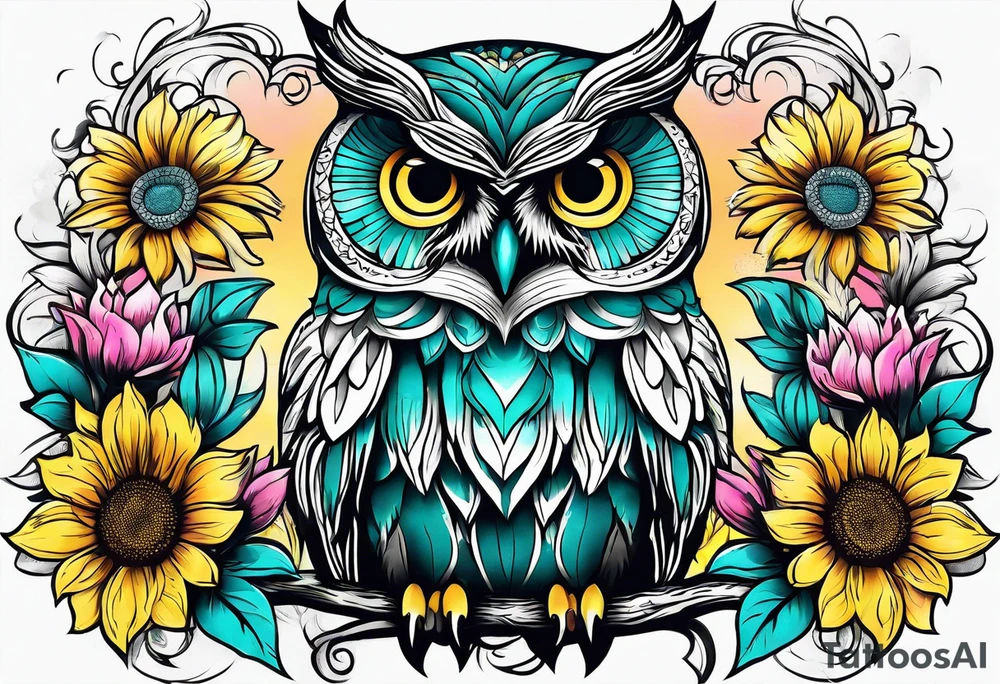 Sleeve with teal, pink and yellow owl and yellow sunflowers tattoo idea