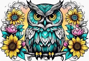 Sleeve with teal, pink and yellow owl and yellow sunflowers tattoo idea