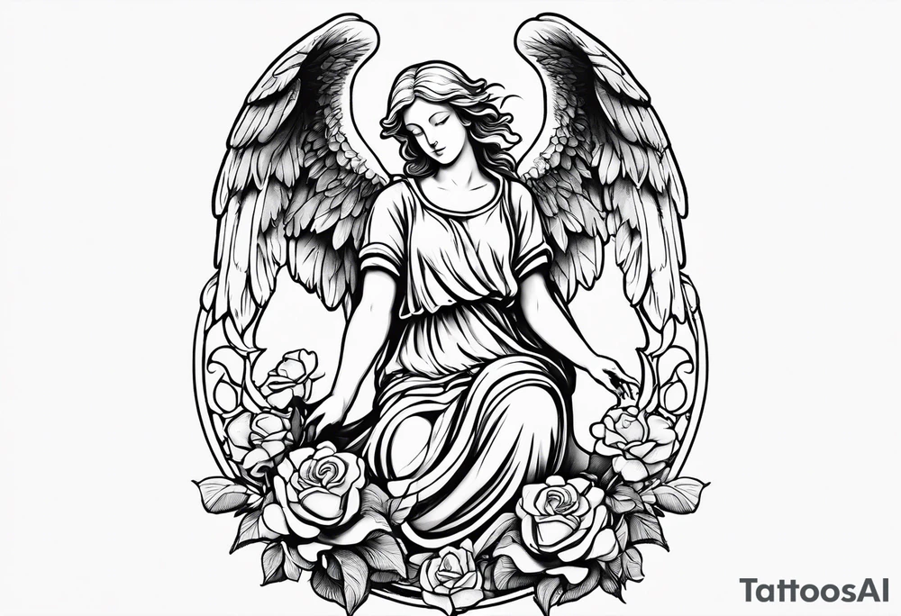 Simple Angel statue stood on a rock with daffodils and roses wrapped around its legs tattoo idea