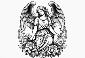 Simple Angel statue stood on a rock with daffodils and roses wrapped around its legs tattoo idea