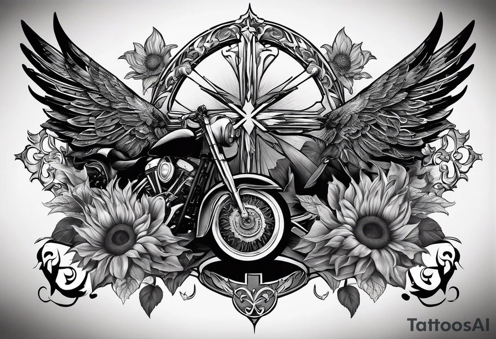 A central cross with the names Kyle Peter Lori on it with lighting a motorcycle and a sunflower around it tattoo idea