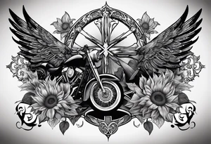 A central cross with the names Kyle Peter Lori on it with lighting a motorcycle and a sunflower around it tattoo idea