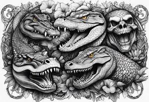 Arm sleeve with skulls alligators and  pythons tattoo idea