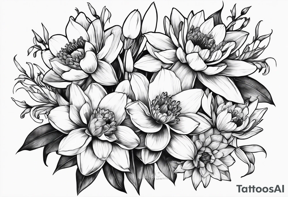 Bouquet of daffodils, water lily’s, and larkspur tattoo idea