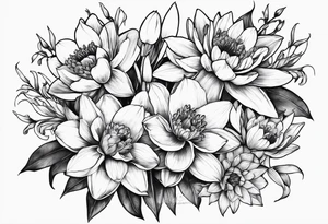 Bouquet of daffodils, water lily’s, and larkspur tattoo idea