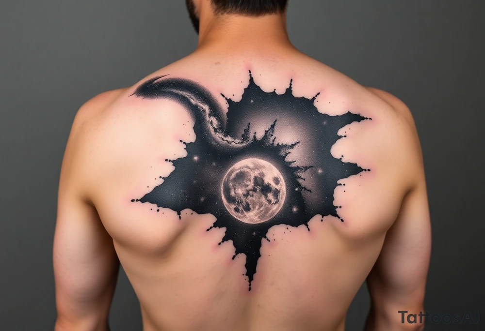 Beautiful and epic 3d milky way that appears to be what is beneath the skin. Make it drape over the shoulder and move to the middle back. use negative spaces to create stars and dust. Incorporate God breathing life into the universe. Keep it symmetrical tattoo idea