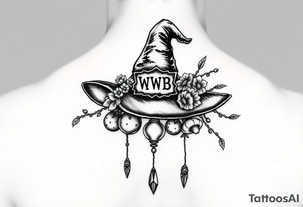 Witch hat with patch that says WWB, charms hanging from the bottom, and fruit and flowers and mushrooms growing off the brim tattoo idea