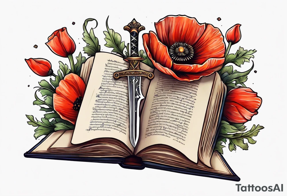 A dagger through a book surrounded by poppy flowers tattoo idea