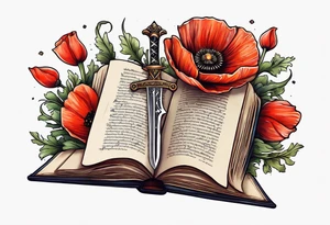 A dagger through a book surrounded by poppy flowers tattoo idea