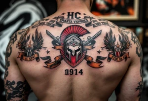 A full back tattoo of "HC Sparta’s" historic victories with dates, crests, and a red-and-silver color scheme. tattoo idea