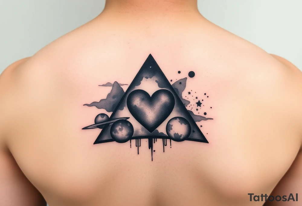 A single triangle with a heart in the center with planets and galaxy in background tattoo idea