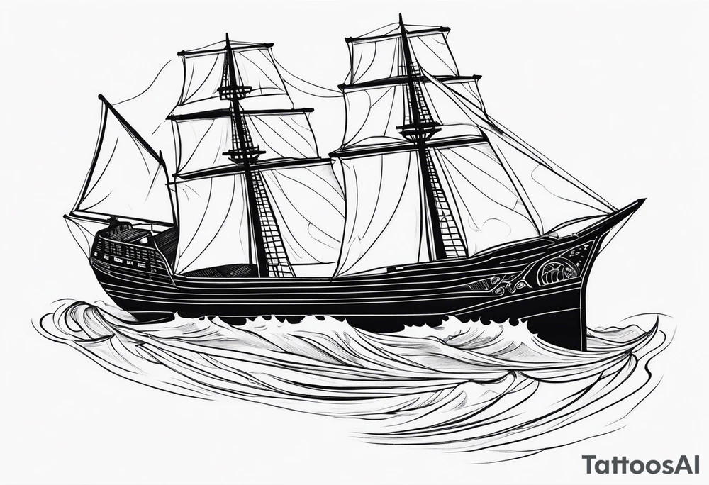 large and dark wooden ship facing left 2 dimensional with black sales tattoo idea