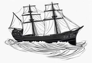 large and dark wooden ship facing left 2 dimensional with black sales tattoo idea