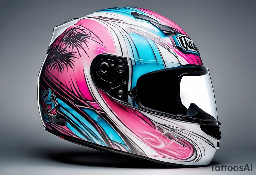 formula 1 helment with a palm three and black light blue and pink colors tattoo idea