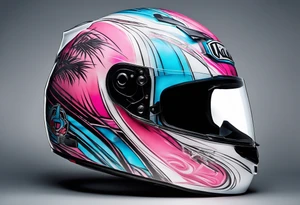 formula 1 helment with a palm three and black light blue and pink colors tattoo idea