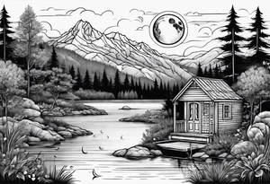 Hidden garden with lake and small cabin in woods with moon and mountains tattoo idea