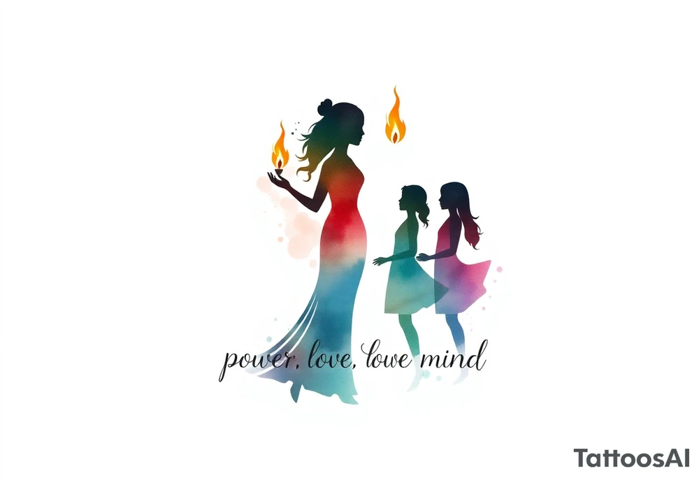 Silhouette of mother passing a flame to two daughters. Make the flame in watercolor motif and the silhouettes simple. Incorporate the words power, love and sound mind tattoo idea