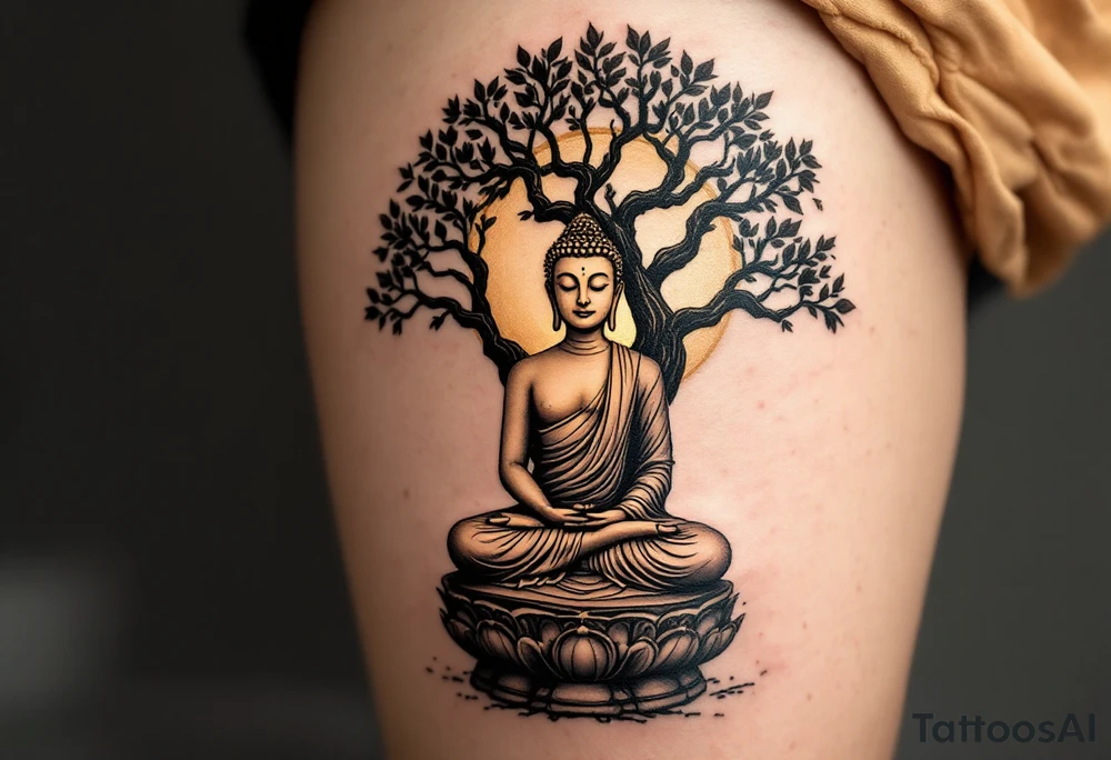 Buddha Sitting in Meditation – The iconic seated posture under the Bodhi tree, in soft sepia, black and gray, or gold ink. tattoo idea