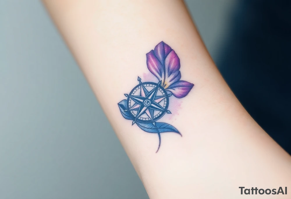 A single Violet with detailed compass at its center representing feminine power and an ankh or Celtic knot tattoo idea