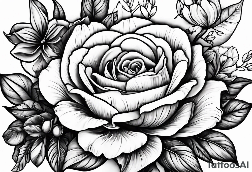 Floral design with a rose lilac magnolia Azalea Lisanthus sunflower tattoo idea