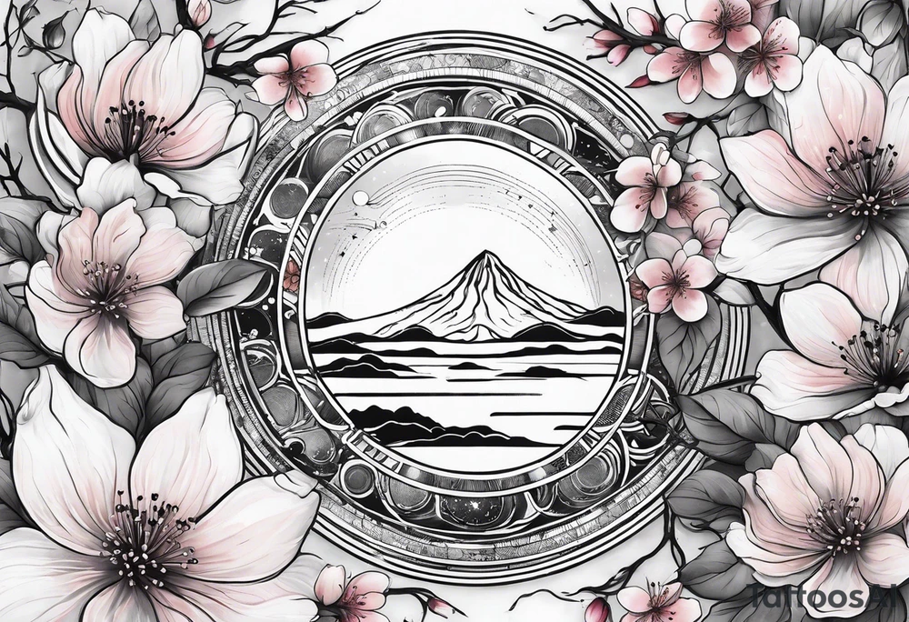 solar system with cherry blossoms spread about spine tattoo idea