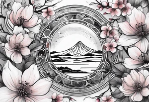 solar system with cherry blossoms spread about spine tattoo idea