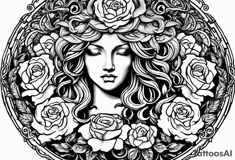 Circular shield with medusa's face surrounded by roses tattoo idea Circular shield with medusa's face surrounded by roses tattoo idea