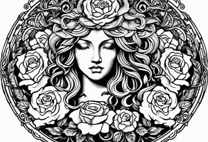 Circular shield with medusa's face surrounded by roses tattoo idea