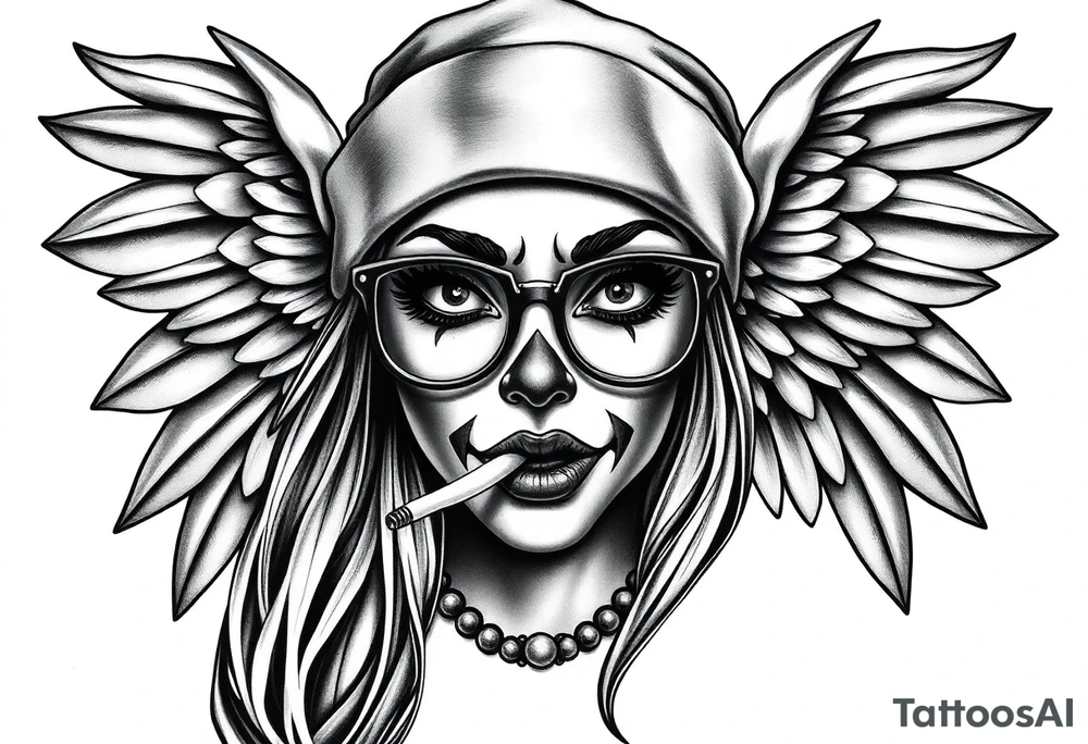 beautiful long hair pin up Clown face Girl payasa  thug beanie eyeglasses  angelic wings smoking a cigarette tattoo idea