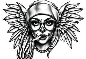 beautiful long hair pin up Clown face Girl payasa  thug beanie eyeglasses  angelic wings smoking a cigarette tattoo idea