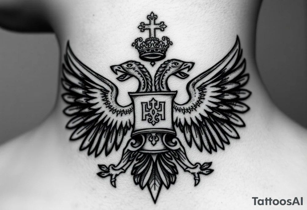 Russian coat of arms with the 2 headed traditional eagles left foot holding a ak47 wand and on the other the tractional orthodox Christian bell with the cross on the top tattoo idea
