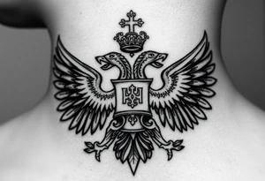 Russian coat of arms with the 2 headed traditional eagles left foot holding a ak47 wand and on the other the tractional orthodox Christian bell with the cross on the top tattoo idea