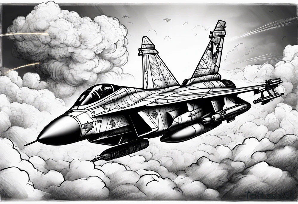 Fighter jet in the clouds with lighting and guns tattoo idea
