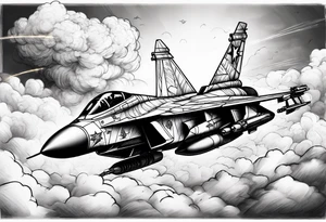 Fighter jet in the clouds with lighting and guns tattoo idea
