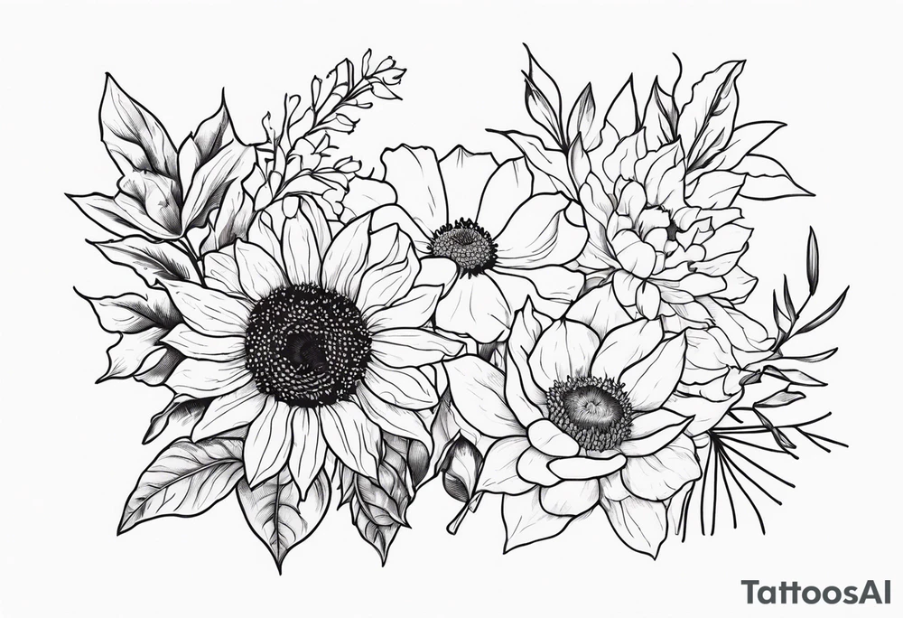 Sunflower, daffodil, poppy, chrysanthemum and holly tattoo idea