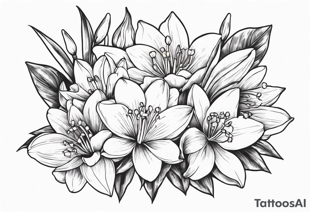 Water Lily, Lily of the Valley, Narcissus, and Gladiolus flower bouquet tattoo idea