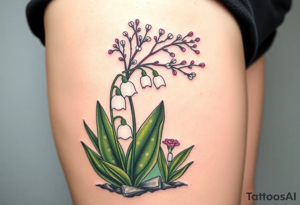 Small White lily in the valley bells growing next to other different colored lilie plants planted underneath a blooming hawthorn tree tattoo idea