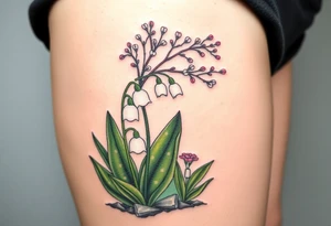 Small White lily in the valley bells growing next to other different colored lilie plants planted underneath a blooming hawthorn tree tattoo idea