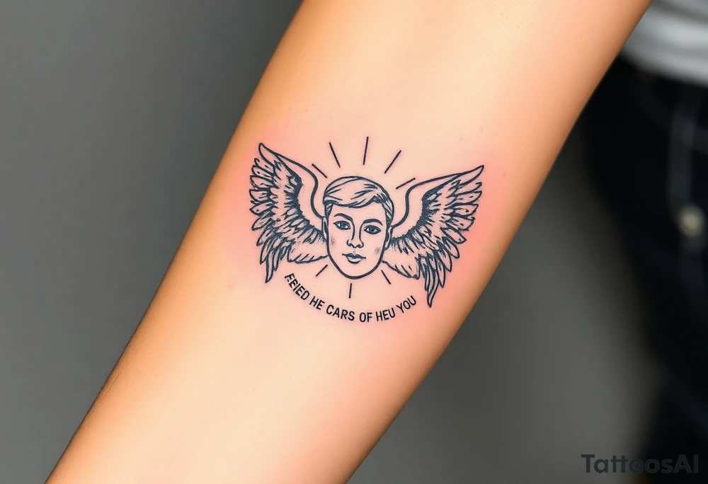 cast all your anxiety on him because he cares for you" with angels tattoo idea