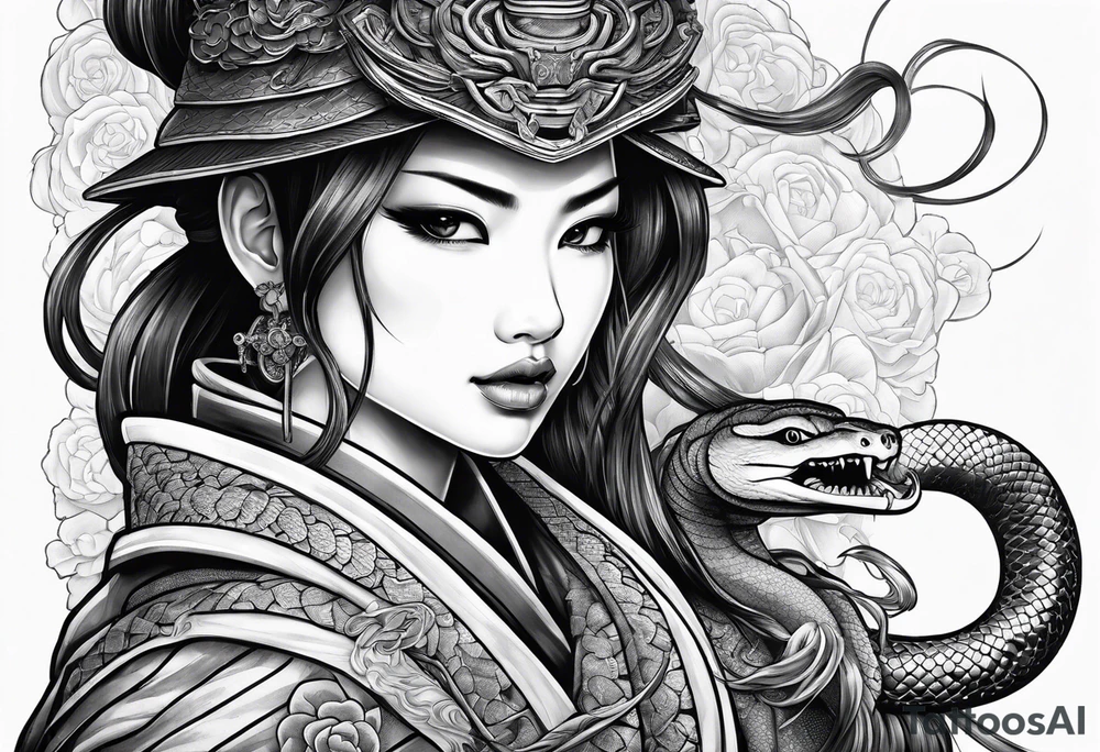 samurai girl with snake tongue tattoo idea