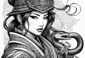 samurai girl with snake tongue tattoo idea