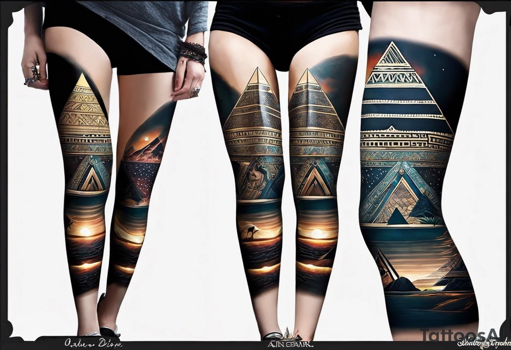 Leg sleeve on right leg between the knee and ankle. Include the great pyramids of Giza shooting beams of light straight up into the sky from the tips of the pyramids. Also include ancient technology from ancient civilizations like Vedic India, Sumer, Atlantis, etc. tattoo idea