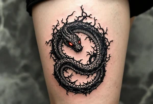 A circle created by a coiled black snake with red eyes, forming an ouroboros. tattoo idea