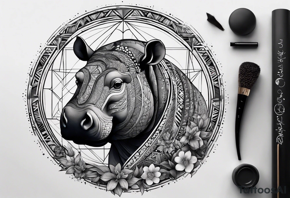 Very asymmetrical, +geometric pattern, with realistic full moon, with hippo,+tribal, +geometric, +inkart , +blackwork, +grey scale, + sketch
with wintersweet flower bud, +inkart touch, +for men, detailed , combined favourite , tattoo idea