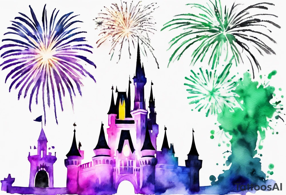 Disney park icon in black and white with watercolor fireworks behind. Watercolor should be green, yellow, and purple. tattoo idea