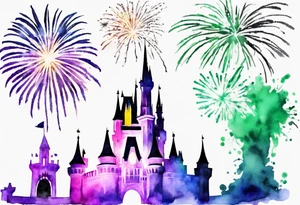 Disney park icon in black and white with watercolor fireworks behind. Watercolor should be green, yellow, and purple. tattoo idea