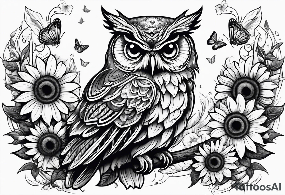Owl with butterfly body surrounded by sunflowers tattoo idea