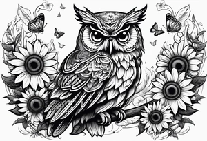 Owl with butterfly body surrounded by sunflowers tattoo idea